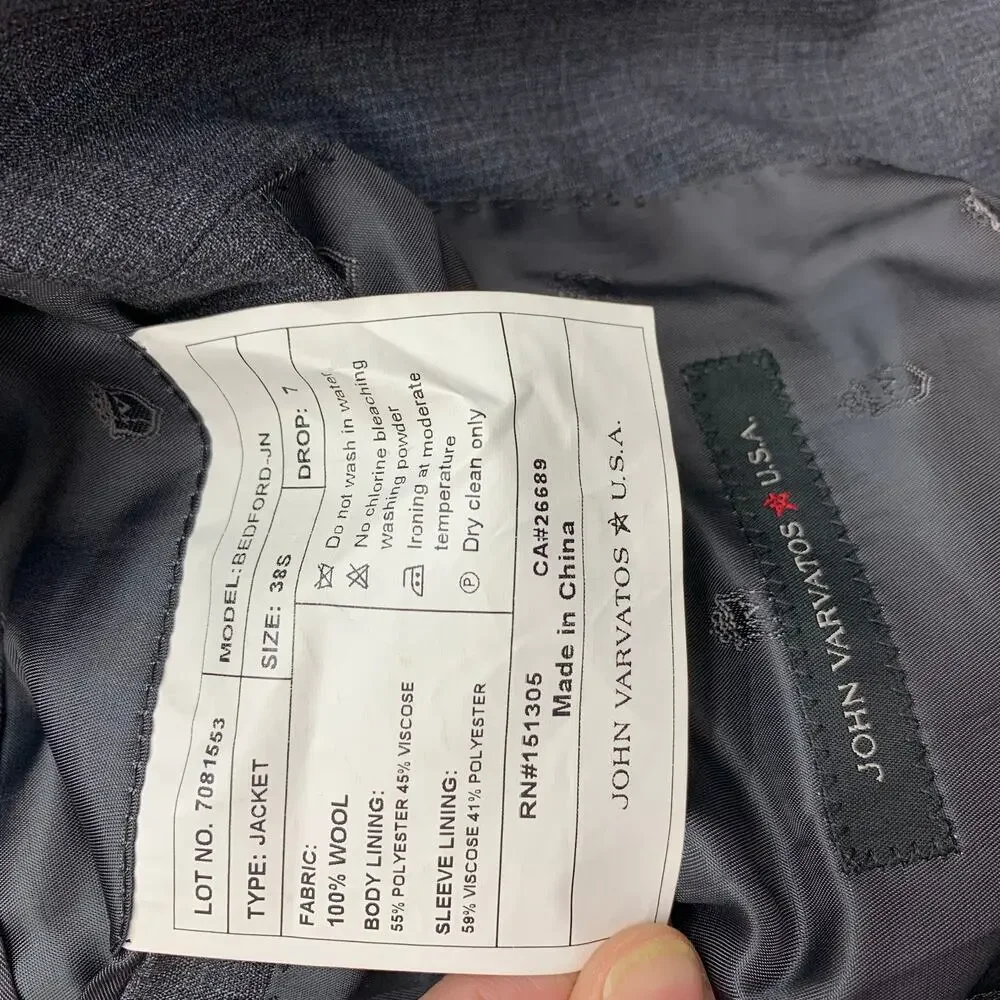 John Varvatos Mens 38S Bedford Jacket 100% Wool Sport Coat Blazer Suit Gray Grey